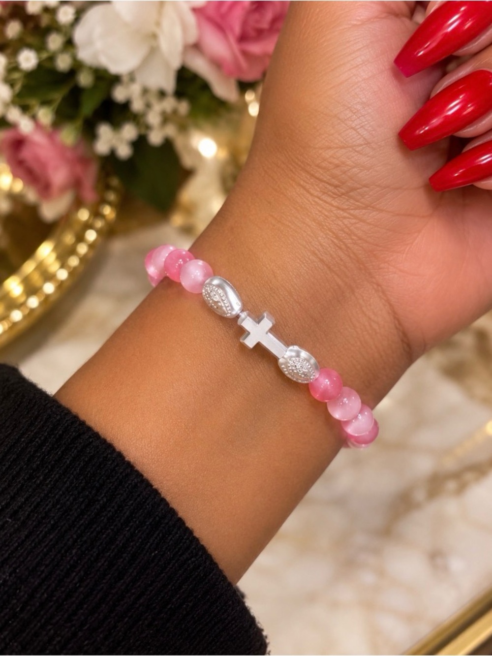 Pink Beaded Cross Bracelet - Handcrafted Jewelry